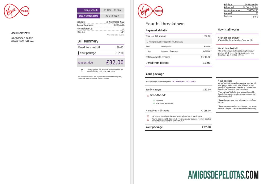 para download Modelo Word e PDF de fatura Virgi Media do Reino Unido, 2 páginas